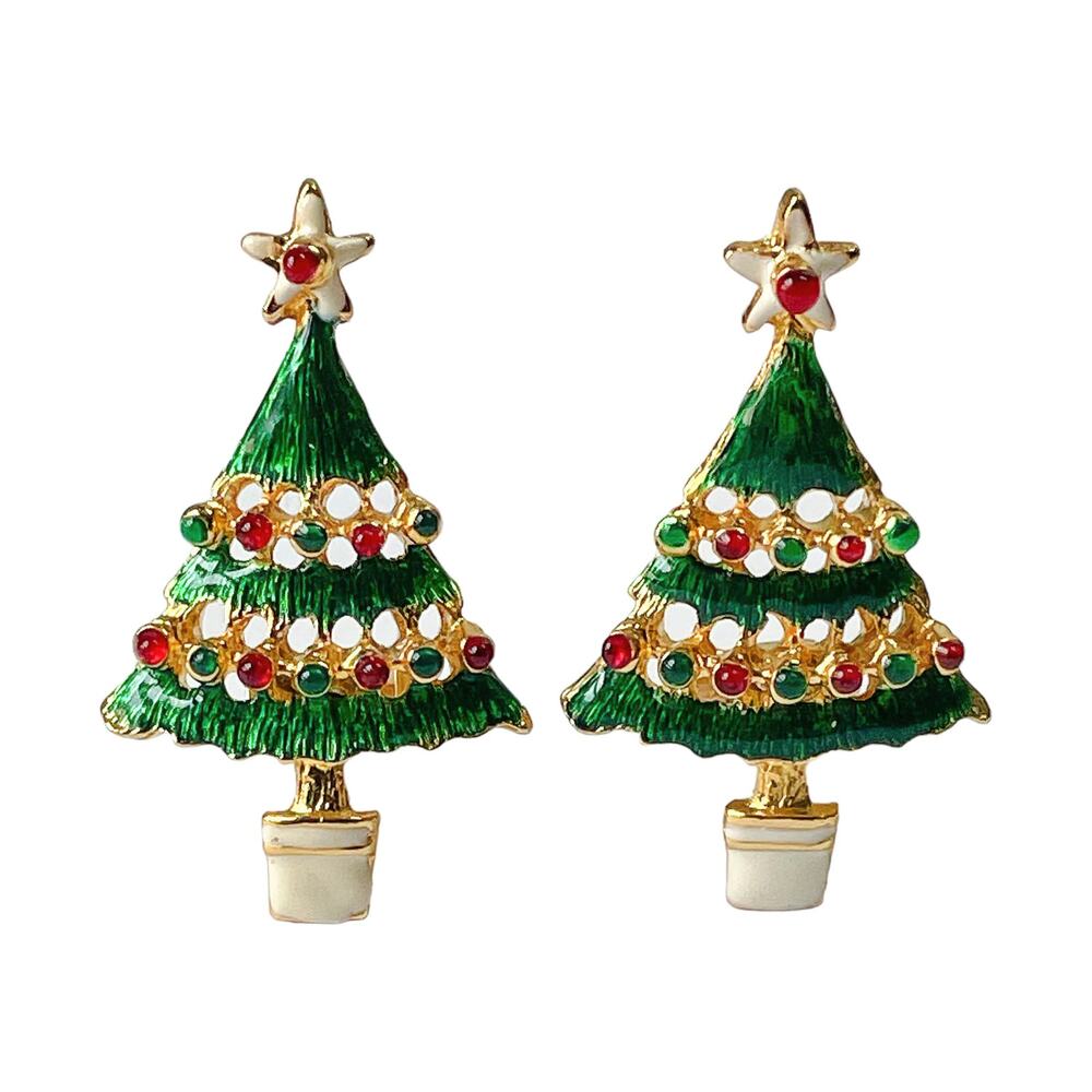 1980s Gold Plate Rhinestones Green & White Enamel Christmas Tree Clip  Earrings